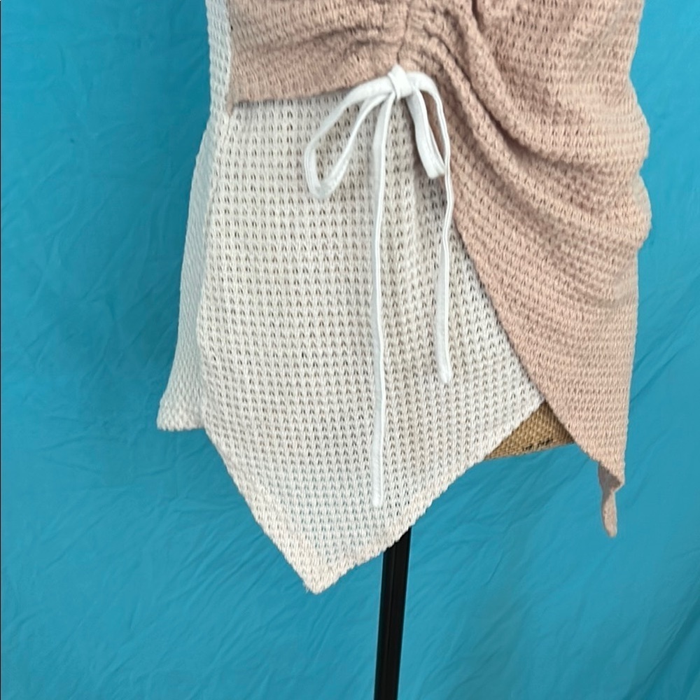 White and Tan Asymmetrical Ruched Tank Top - Picture 6 of 15